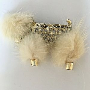 Vintage Poodle Brooch Real Fur Rhinestone Collar & Eye Gold Tone Mid Century 50s